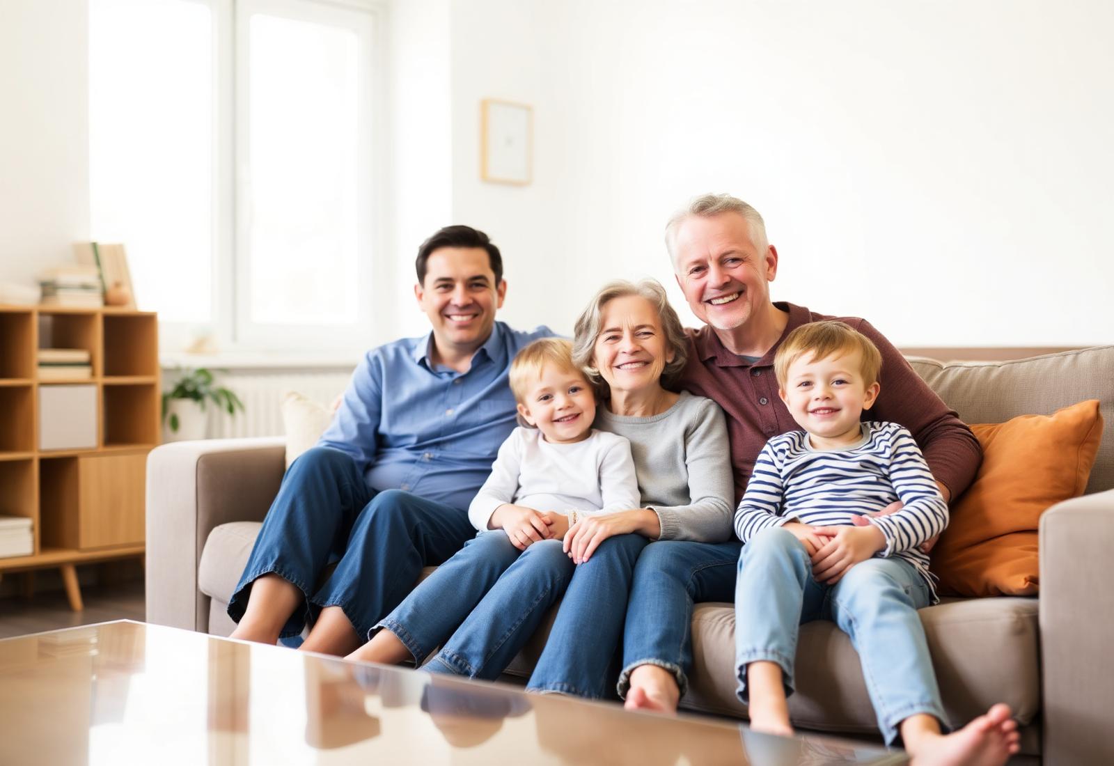 A multigenerational family relaxing at home